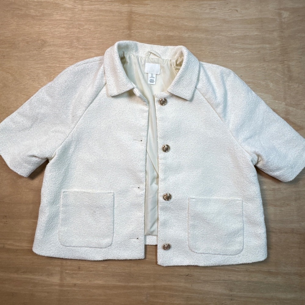 H&M Boucle Jacket Womens Large Cream Excellent Short Sleeve Gold Button Tweed